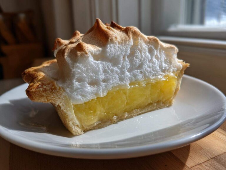 A close-up of a slice of bright yellow lemon pie topped with fluffy, toasted meringue, resting on a white plate.