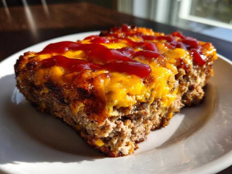 A thick slice of baked meatloaf casserole topped with melted cheddar cheese and drizzled with ketchup.