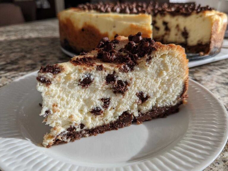 A close-up slice of creamy chocolate chip cheesecake on a white plate, with the rest of the chocolate chip cheesecake visible in the background.