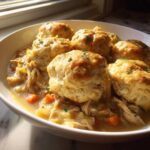 A close-up of a white bowl filled with rich, creamy slow cooker chicken and dumplings, garnished with parsley.