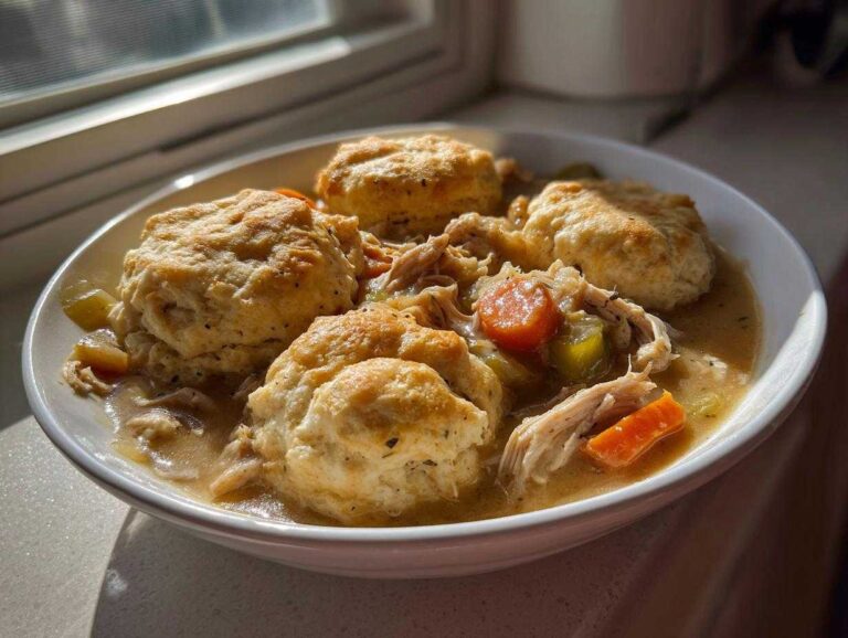A close-up of a white bowl filled with rich slow cooker chicken and dumplings, topped with golden biscuits.