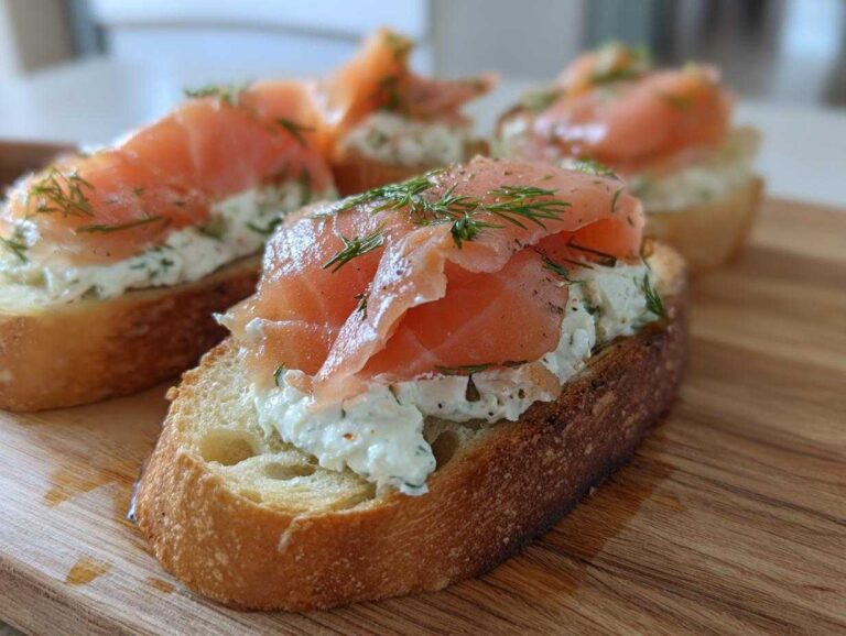 Close-up of smoked salmon appetizers (crostini) topped with herbed cream cheese and fresh dill on a wooden board.