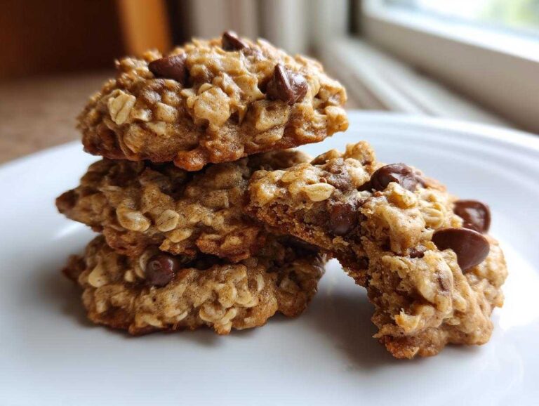 A stack of four soft banana oatmeal cookies loaded with visible oats and chocolate chips, resting on a white plate.
