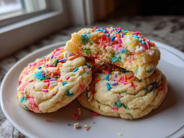 Close-up of three soft cake batter cookies on a white plate, one broken open showing colorful sprinkles inside.