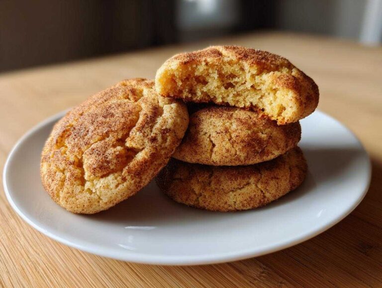 A stack of four soft snickerdoodle cookies coated in cinnamon sugar, with the top cookie broken open to show the texture.