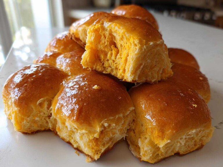 A stack of golden brown, shiny sweet potato rolls, with one roll broken open showing the soft orange interior.