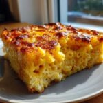 A close-up of a square slice of baked southern macaroni and cheese with a deeply browned, crispy top crust.