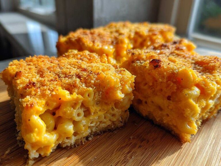Three squares of creamy, baked southern baked macaroni and cheese with a golden, crispy breadcrumb topping.