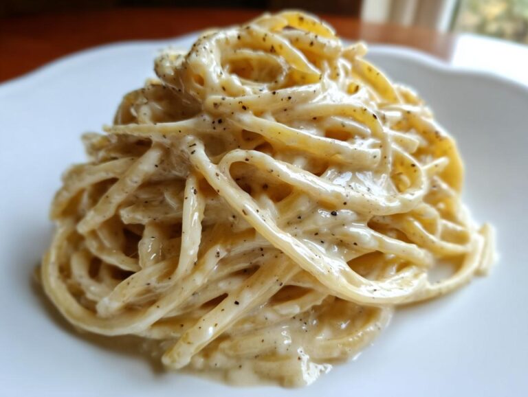 A close-up of perfectly twirled spaghetti coated in creamy homemade alfredo sauce and black pepper.