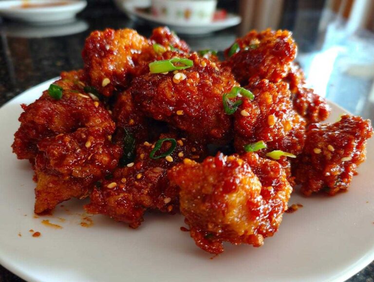 A plate piled high with glossy, deep red korean fried chicken pieces garnished with sesame seeds and green onions.