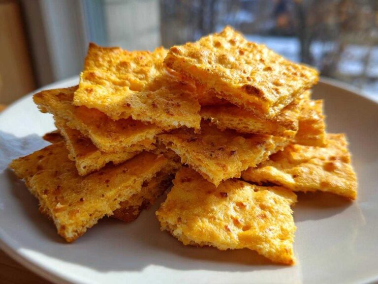 A stack of golden, square homemade cheese crackers piled high on a white plate, catching bright sunlight.