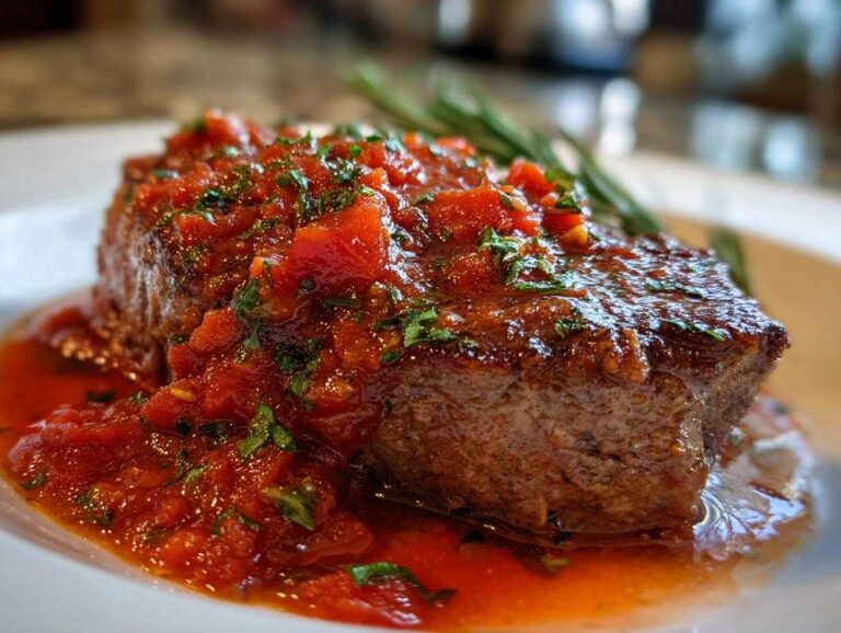 Close-up of a perfectly cooked steak pizzaiola covered in chunky tomato sauce and fresh parsley.