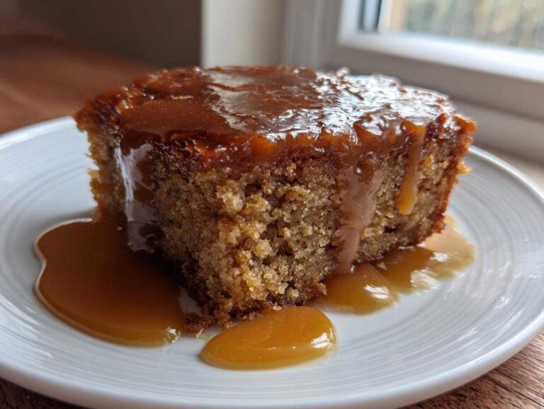 Close-up of a rich, moist slice of sticky toffee pudding recipe covered in warm toffee sauce.