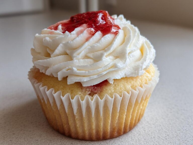 Close-up of a single strawberry shortcake cupcakes topped with white whipped cream frosting and strawberry jam.
