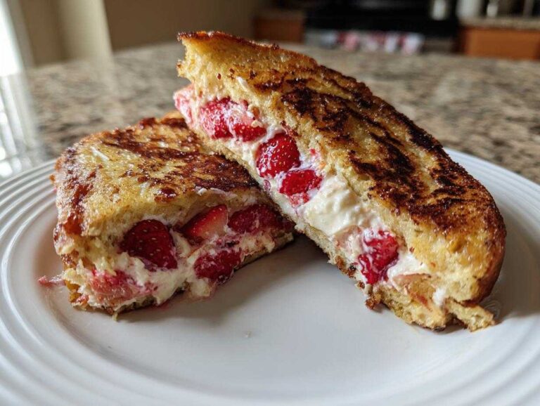 Two halves of golden brown stuffed french toast overflowing with cream cheese and fresh strawberries.