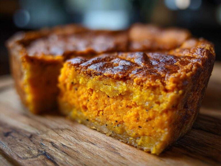 A close-up, macro shot of a thick slice of bright orange sweet potato cobbler on a wooden board.