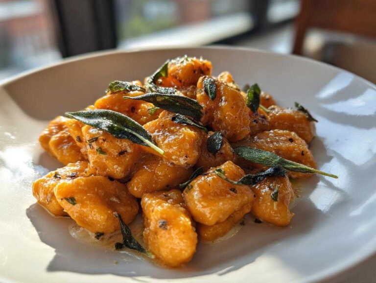 A plate of vibrant orange sweet potato gnocchi tossed in a light butter sauce and garnished with crispy sage leaves.
