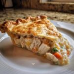 A close-up of a slice of turkey pot pie recipe showing shredded turkey, carrots, peas, and creamy filling under a golden crust.