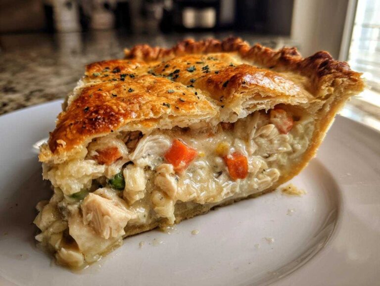 Close-up of a slice of turkey pot pie recipe showing creamy filling, chunks of turkey, carrots, and a flaky golden crust.