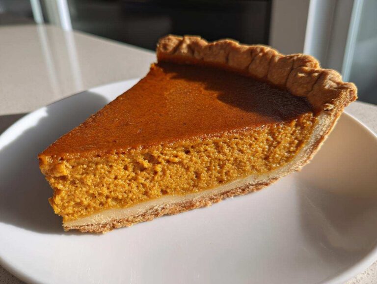A close-up slice of rich, orange vegan pumpkin pie with a flaky crust on a white plate.