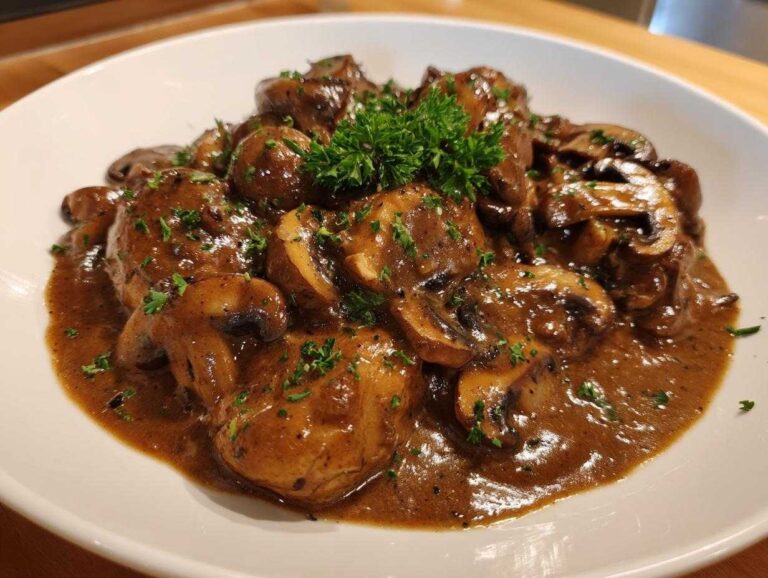A close-up of a rich, brown mushroom sauce covering whole and sliced mushrooms, garnished with fresh parsley.