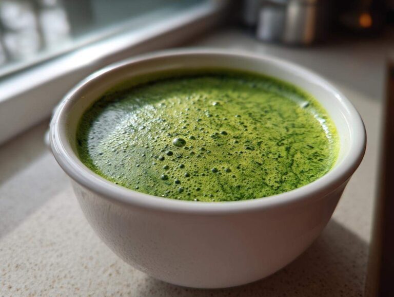 Close-up of vibrant green spinach soup with frothy bubbles in a white bowl.