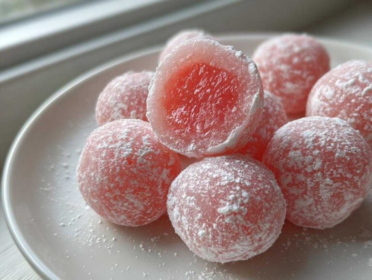 A plate of pink, round watermelon mochi bites dusted heavily with powdered sugar, one is cut open showing the jelly-like interior.