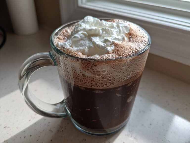 A clear glass mug filled with rich, dark whipped hot chocolate topped with fluffy white cream.