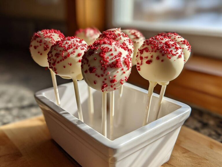 Several white chocolate coated red velvet cake pops topped with red sprinkles standing in a white ceramic holder.