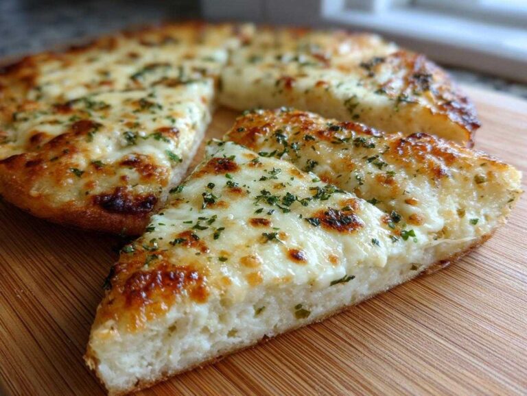 Close-up of a freshly baked white pizza, sliced and served on a wooden board, topped with melted cheese and herbs.
