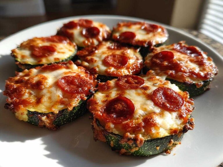 Six baked zucchini pizza bites topped with melted cheese and pepperoni slices, ready to eat.