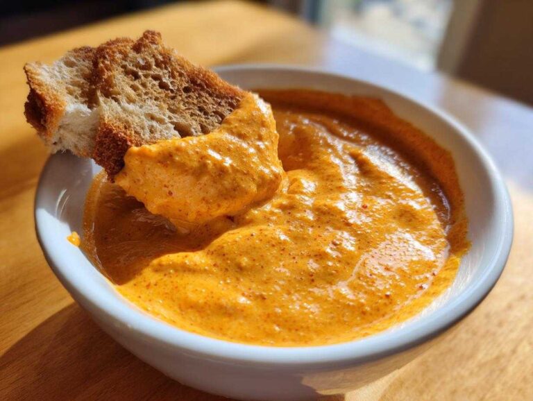 A piece of toasted bread being dipped into a bowl of vibrant orange beer cheese dip.