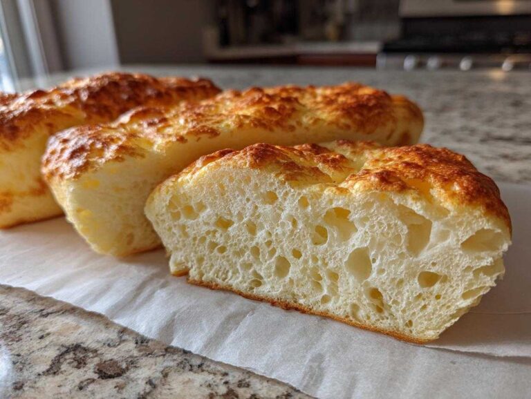 Close-up of a slice of light, airy cloud bread showing its porous interior and golden-brown top.
