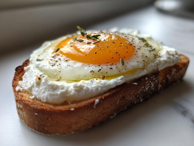 Close-up of a piece of toasted bread topped with creamy white cheese and a sunny-side-up egg toast, seasoned with pepper and thyme.