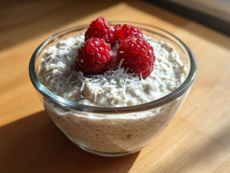A glass bowl filled with creamy chia seed pudding, topped with fresh raspberries and shredded coconut.
