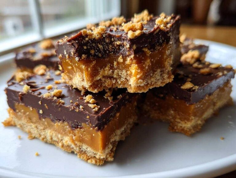 Three stacked squares of rich graham cracker toffee with a thick caramel layer and chocolate topping.