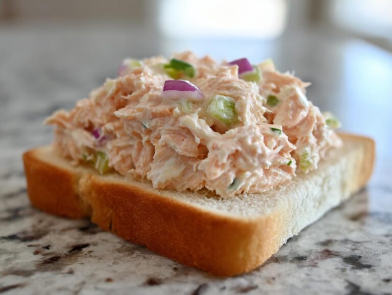 A generous scoop of creamy salmon salad with visible chunks of red onion and celery on a slice of white bread.