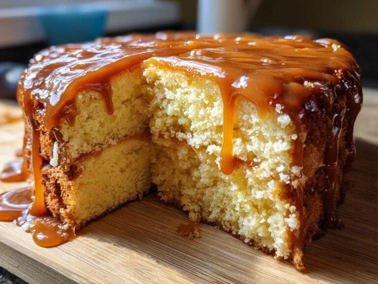 Close-up of a rich, moist slice cut from a homemade caramel cake, dripping with thick caramel sauce.