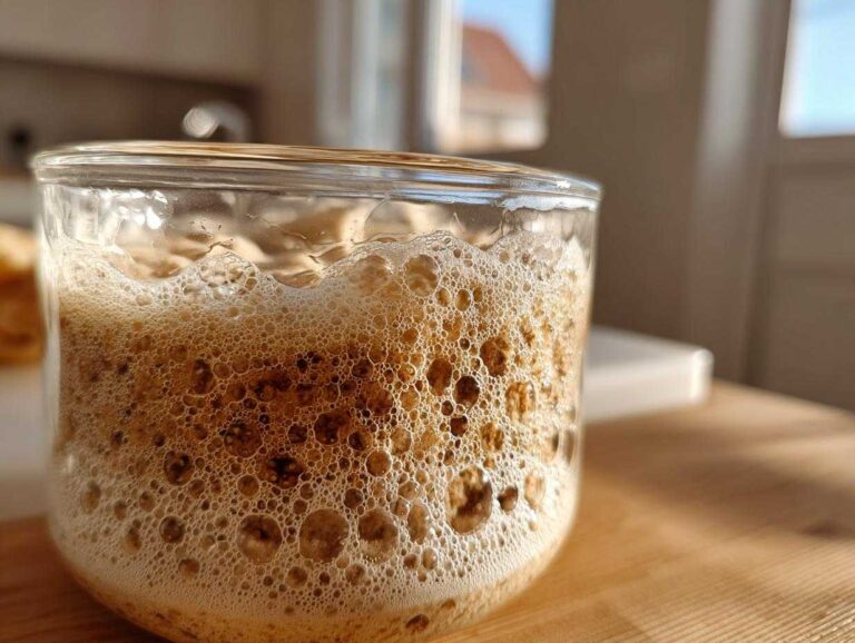 Close-up of a very active sourdough starter showing numerous bubbles and foam rising in a clear glass jar.