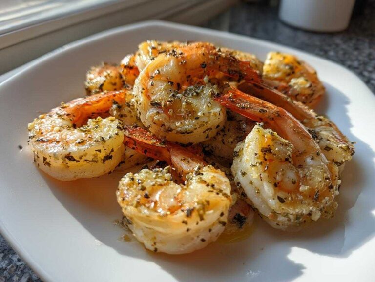 Close-up of seasoned and cooked air fryer frozen shrimp piled on a white plate, glistening in the sunlight.