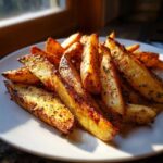 A close-up of perfectly crispy, golden air fryer potato wedges seasoned with herbs on a white plate.