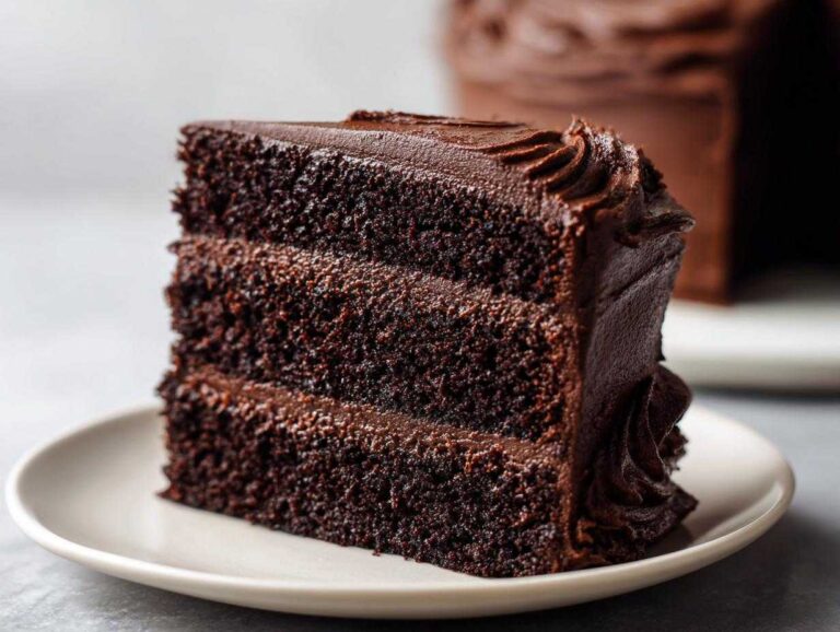 A decadent, moist slice of three-layer chocolate cake covered in rich chocolate frosting.