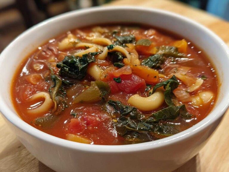 Close-up of a white bowl filled with rich, tomato-based minestrone soup featuring pasta, kale, and diced vegetables.