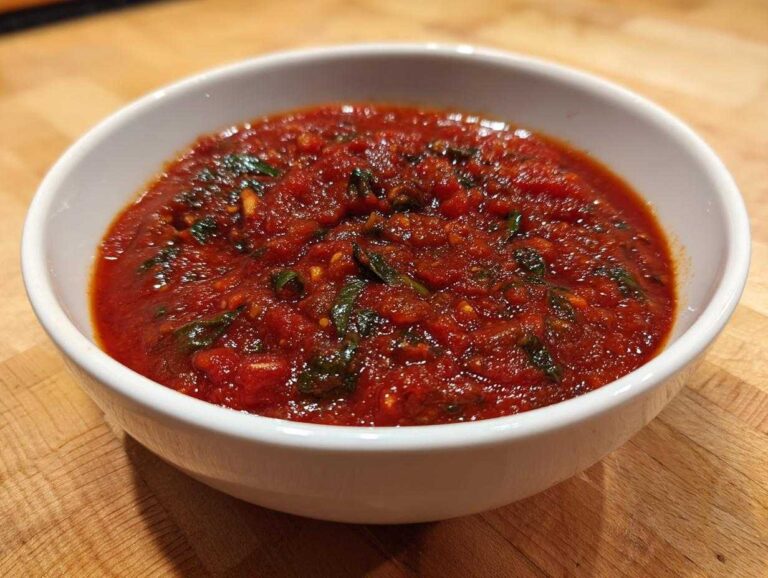 Close-up of vibrant, chunky tomato sauce with visible herbs and garlic in a white bowl.