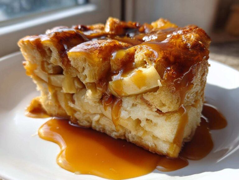 A close-up of a warm slice of apple bread pudding generously drizzled with rich caramel sauce.