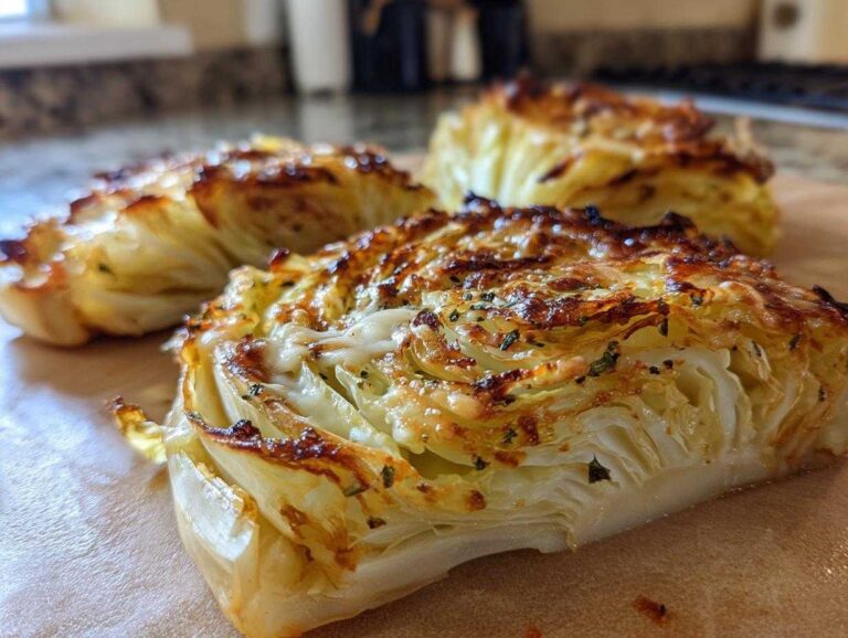 Close-up of three roasted cabbage wedges, featuring caramelized edges and melted cheese, highlighting this amazing cabbage recipe.