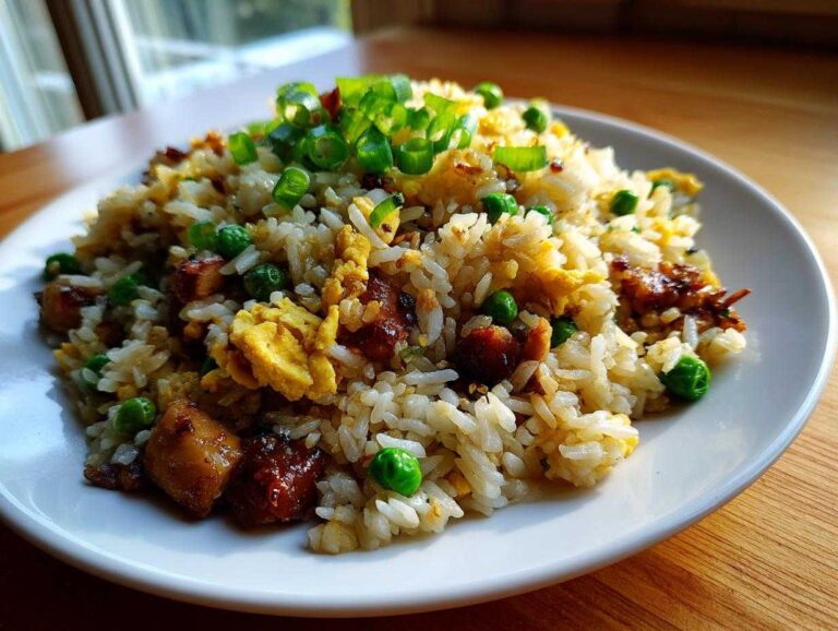 A close-up of amazing chicken fried rice piled high on a white plate, featuring scrambled egg, peas, and green onions.