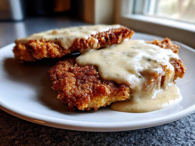 Two pieces of crispy, golden-brown chicken fried steak smothered in creamy, peppered gravy on a white plate.