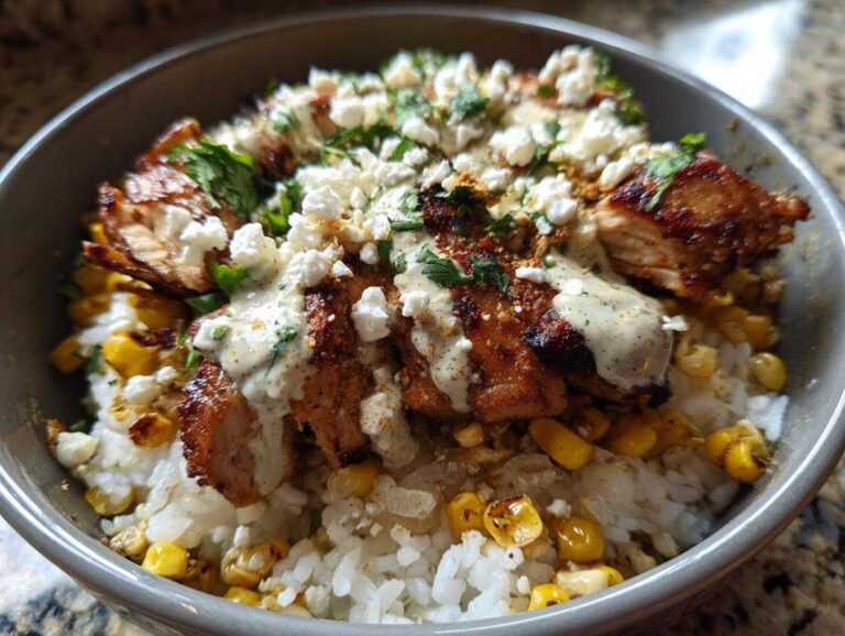 A close-up of a delicious chicken rice bowl featuring seasoned chicken, white rice, corn, creamy sauce, and crumbled white cheese.