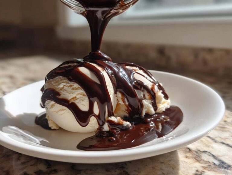 Rich, dark chocolate syrup being poured from a jar onto scoops of vanilla ice cream in a white bowl.
